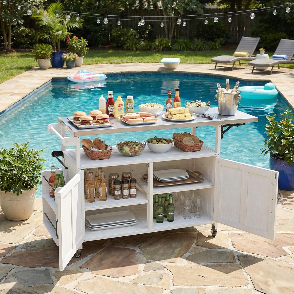 Hearth and Haven Outdoor Kitchen Island Cart with Adjustable Shelves and Stainless Steel Top in White, , large