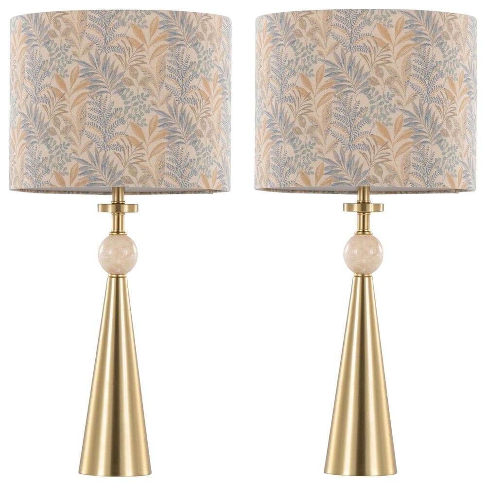 LumiSource Cone Travertine Table Lamp with Tan Leaf Shade in Gold (Set of 2), , large