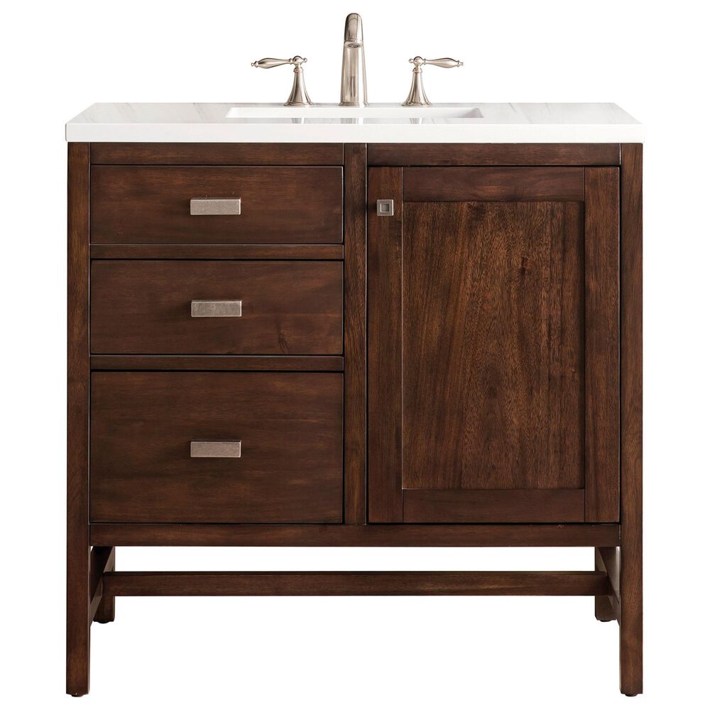 James Martin Vanities Addison 36" Single Vanity Cabinet in Mid Century Acacia with 3 cm White Zeus Quartz Top and Rectangular Sink, , large