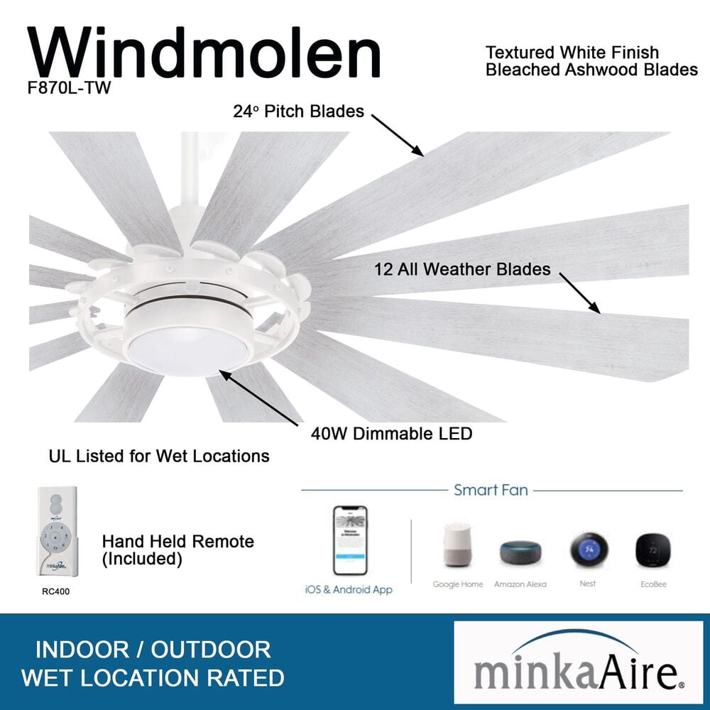 Minka-Aire Windmolen 65" Indoor/Outdoor Smart Ceiling Fan with LED Light in Textured White, , large