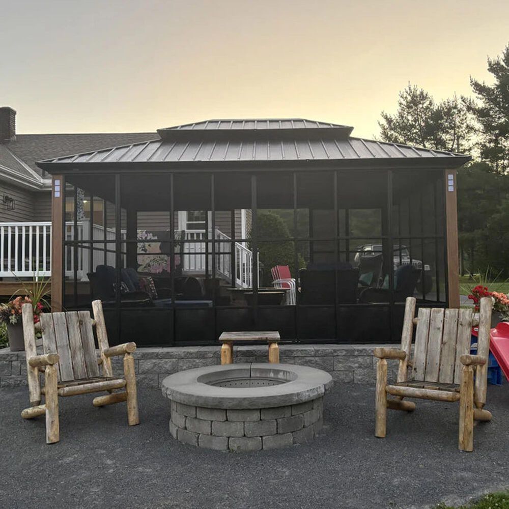 HOMLUX 12' x 16' Outdoor Hardtop Gazebo with Wood Grain Aluminum Frame in Black, , large