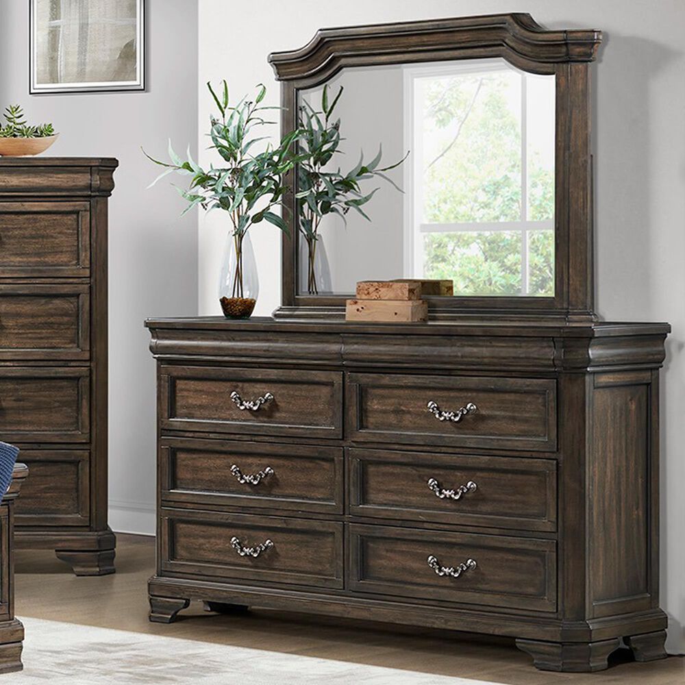 New Heritage Design Lyndhurst 6-Drawer Dresser and Mirror in Walnut Brown, , large