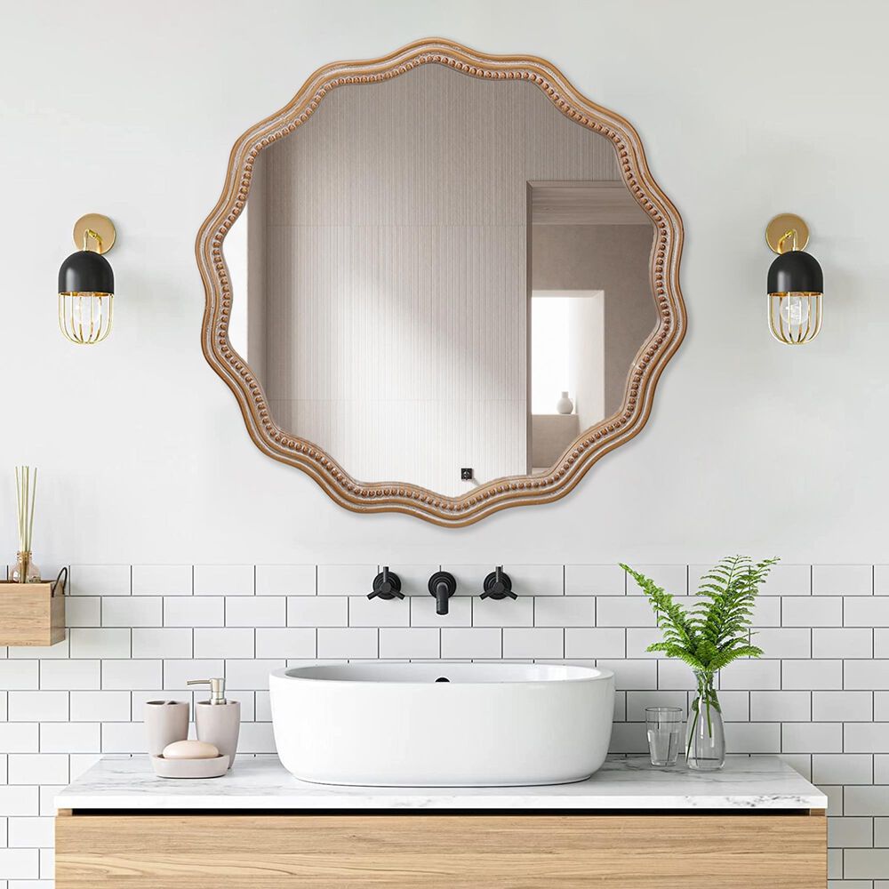 Hearth and Haven 23.62" Round Wall Mirror with Wavy Wood Framed in Antique Natural, , large