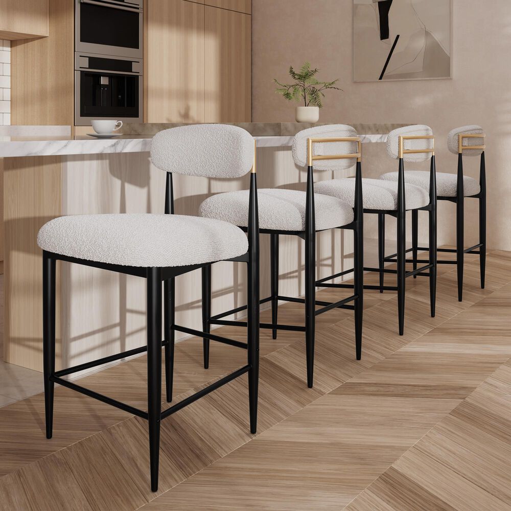 Morden Fort 26" Armless Counter Stool with White Boucle Fabric in Black and Gold (Set of 2), , large