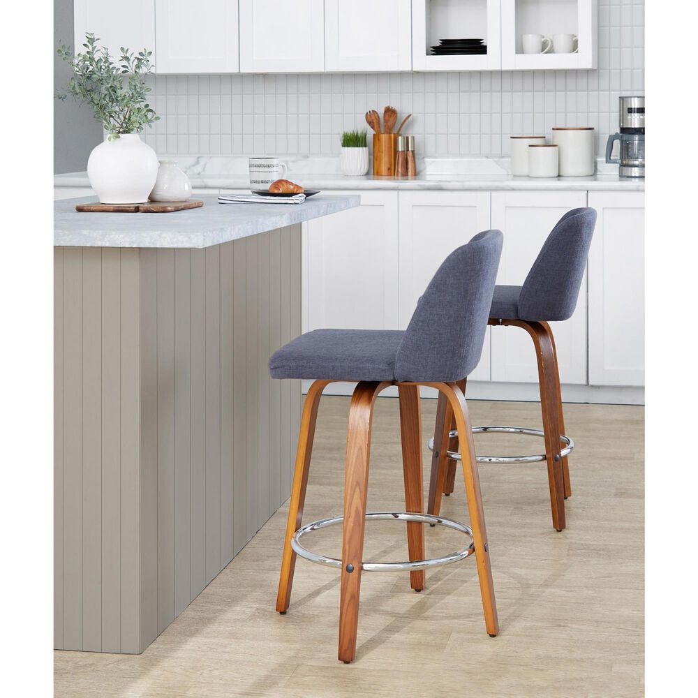 LumiSource Toriano Swivel Counter Stool with Blue Fabric Upholstery in Walnut and Chrome (Set of 2), , large