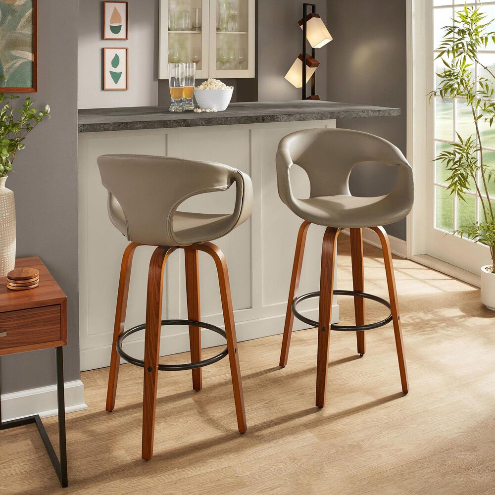LumiSource Curva 30" Swivel Barstool with Light Grey Upholstery in Walnut and Black (Set of 2), , large
