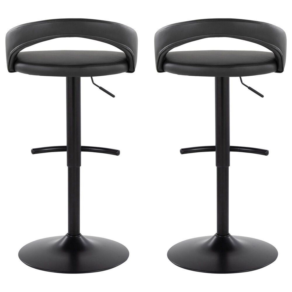 LumiSource Grotto Adjustable Bar Stool with Black Faux Leather Upholstery in Black (Set of 2), , large