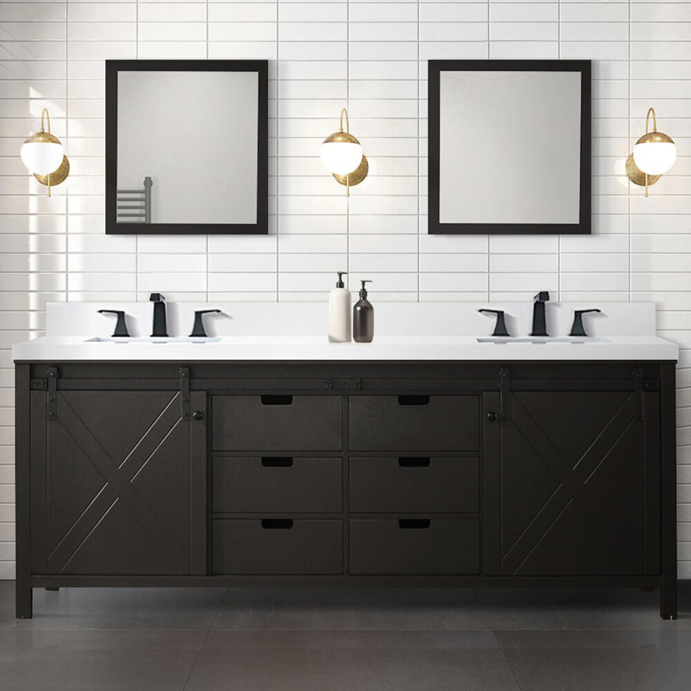 Lexora Home Marsyas 84&quot; Double Bathroom Vanity in Brown with White Quartz Top and Rectangular Sinks, , large