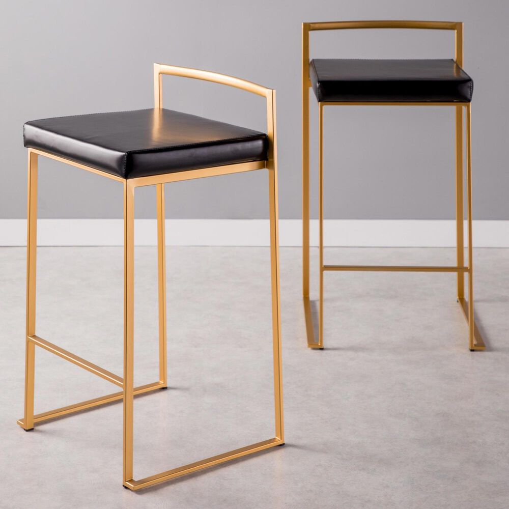 LumiSource Fuji 26" Stacker Counter Stool with Black Upholstery in Gold (Set of 2), , large
