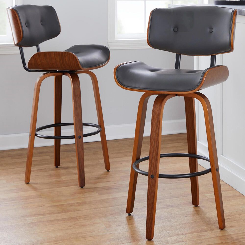 LumiSource Lombardi 30" Swivel Barstool with Grey Faux Leather Upholstery in Walnut and Black (Set of 2), , large