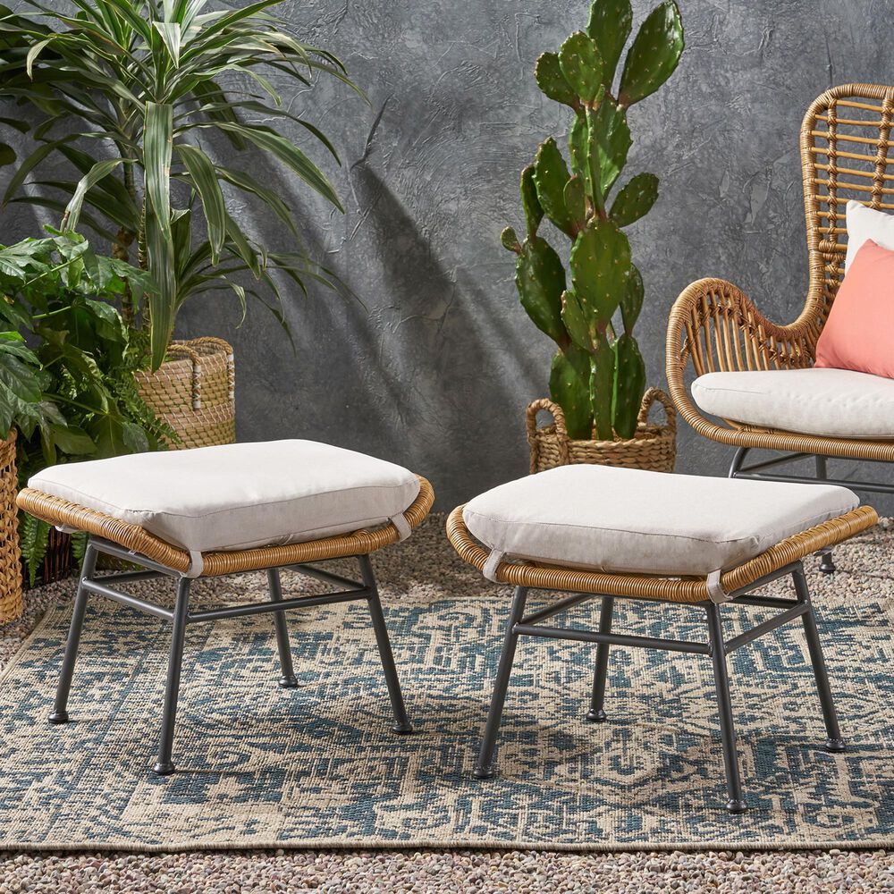 Hearth and Haven Montana Outdoor Ottoman with Beige Cushion in Light Brown and Black &#40;Set of 2&#41;, , large