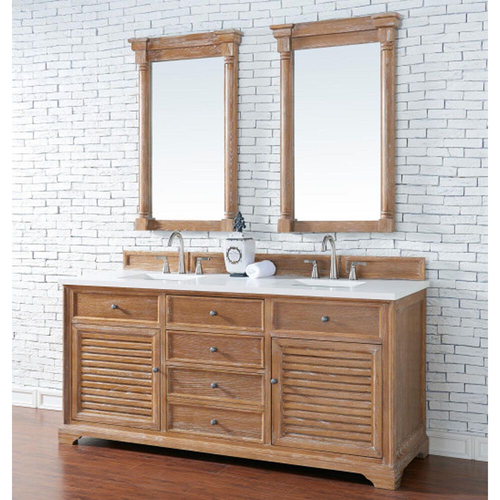 James Martin Vanities Savannah 72&quot; Double Bathroom Vanity in Driftwood with 3 cm White Zeus Quartz Top and Rectangular Sinks, , large