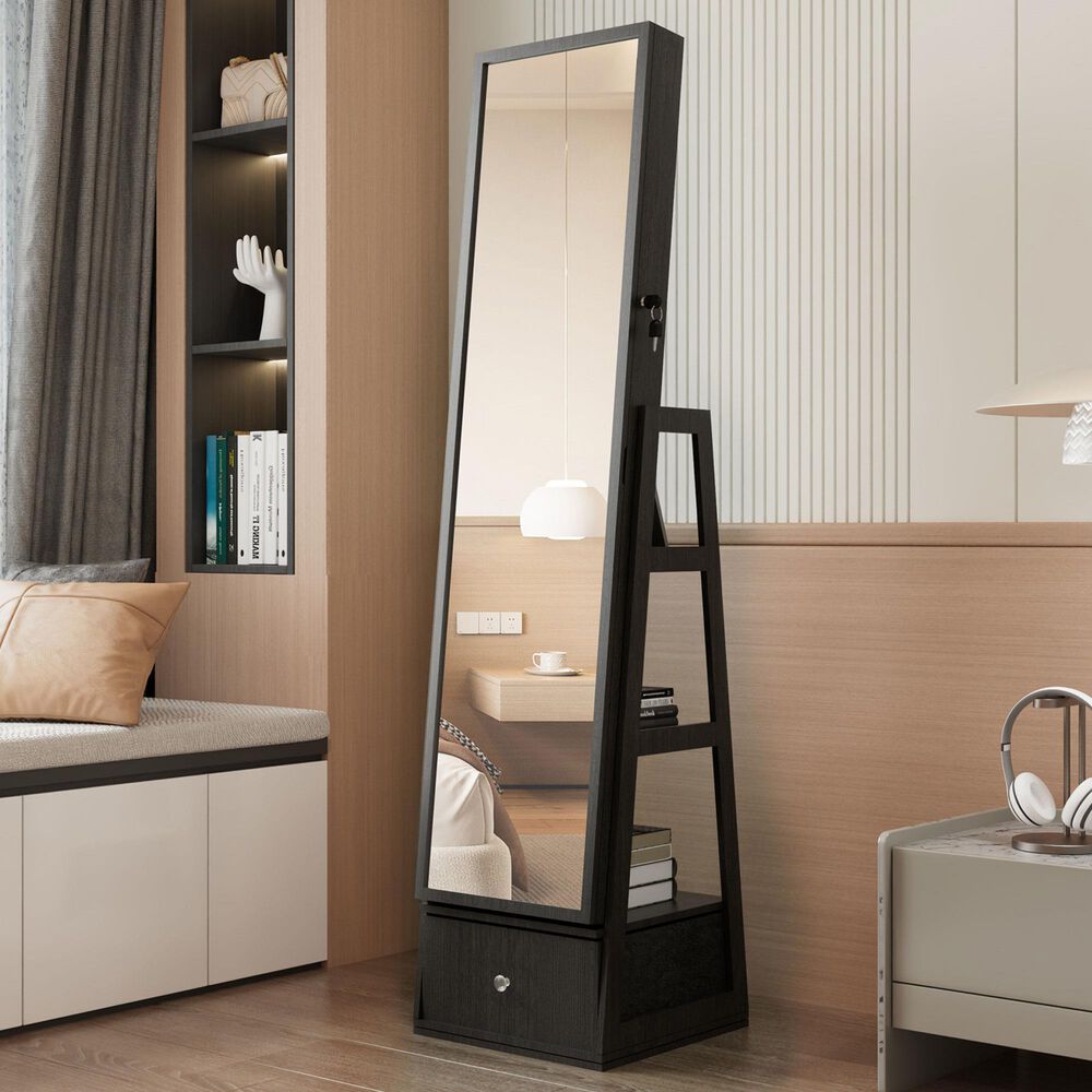 GigaCloud Swivel Jewelry Cabinet with Full Length Mirror and Storage Drawers in Black, , large