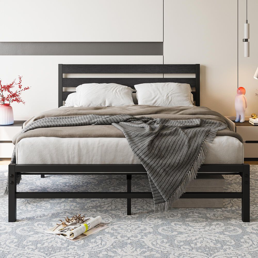 Hearth and Haven Queen Platform Bed Frame with Wood Headboard in Black, , large