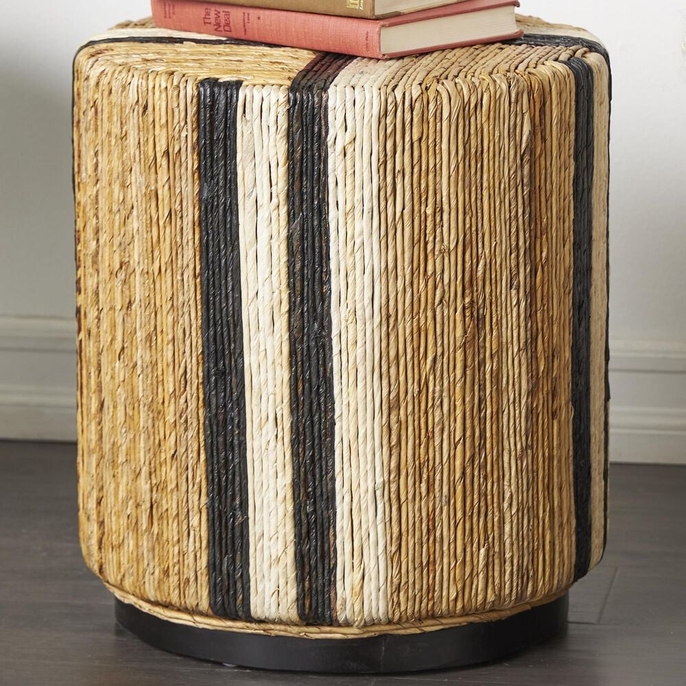 Maple and Jade Banana Leaf Drum Linear Wrapped End Table in Cream and Black, , large