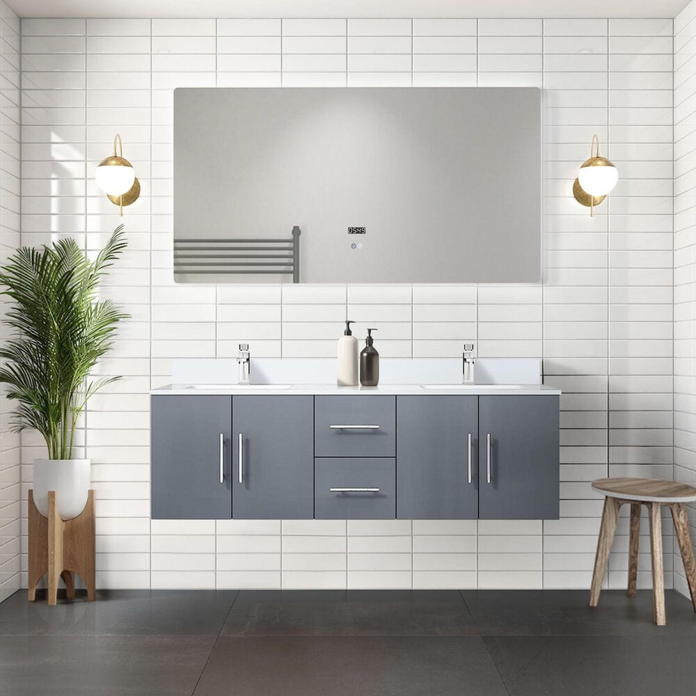 Lexora Home Geneva 60&quot; Double Bathroom Vanity in Dark Grey with 2 cm White Quartz Top and Rectangular Sinks, , large