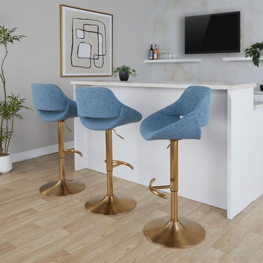 LumiSource Fabrico Swivel Adjustable Bar Stool with Blue Noise Fabric Upholstery and Rounded T Footrest in Gold (Set of 2), , large