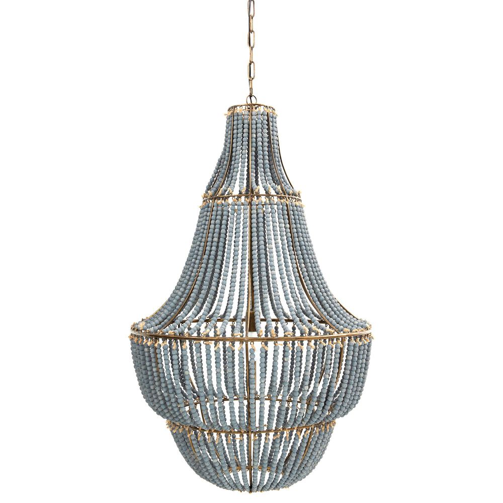 Creative Coop Laurel Draped Wood Bead Chandelier with Brushed Gold and Faded Blue Shade, , large