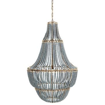 Creative Coop Laurel Draped Wood Bead Chandelier with Brushed Gold and Faded Blue Shade, , large