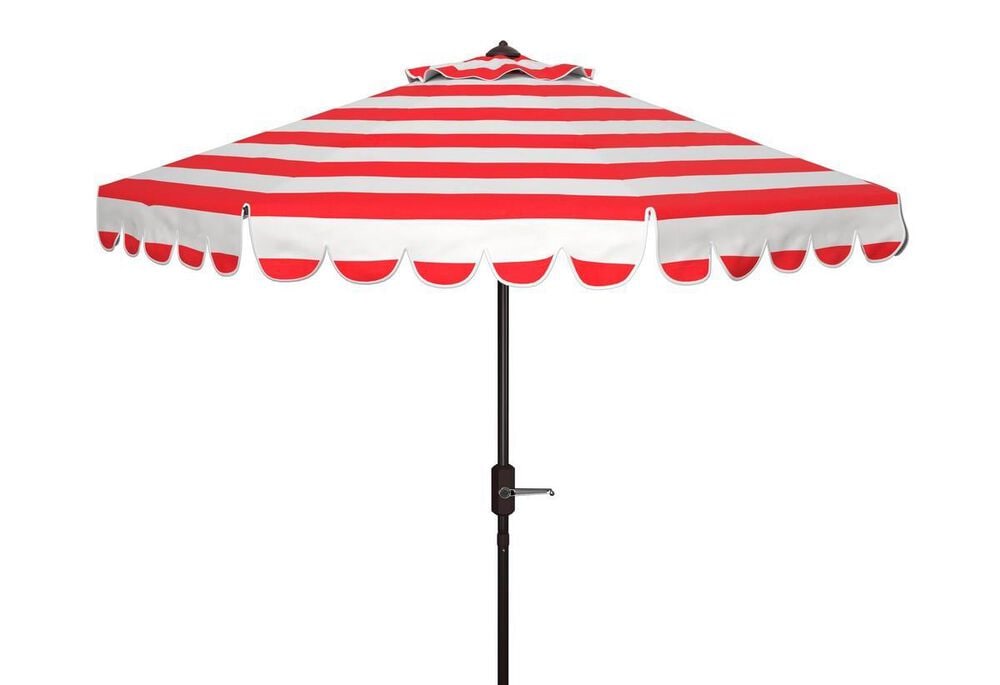 Safavieh Maui Single Scallop Striped 9Ft Crank Red and White Push Button Tilt Umbrella, , large