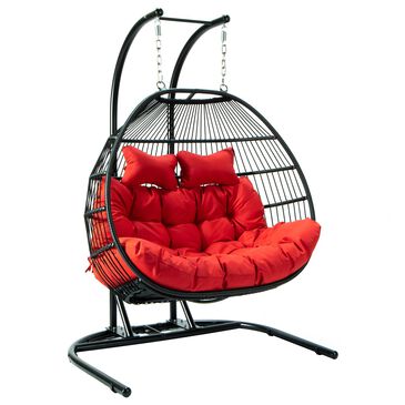 Leisuremod Patio 2-Seat Double Folding Hanging Egg Swing Chair with Red Cushion in Black, , large