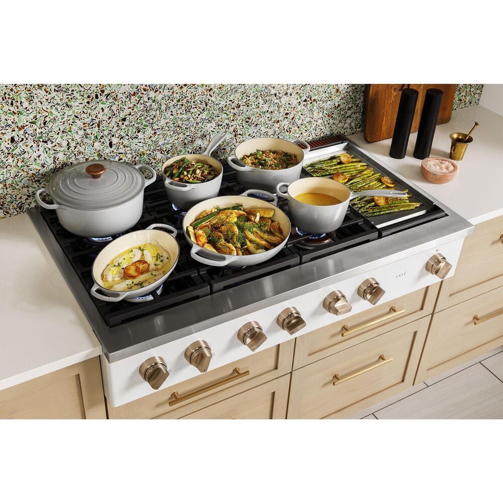 Cafe 48&quot; Natural Gas Rangetop with Integrated Griddle in Matte White and Brushed Bronze, , large