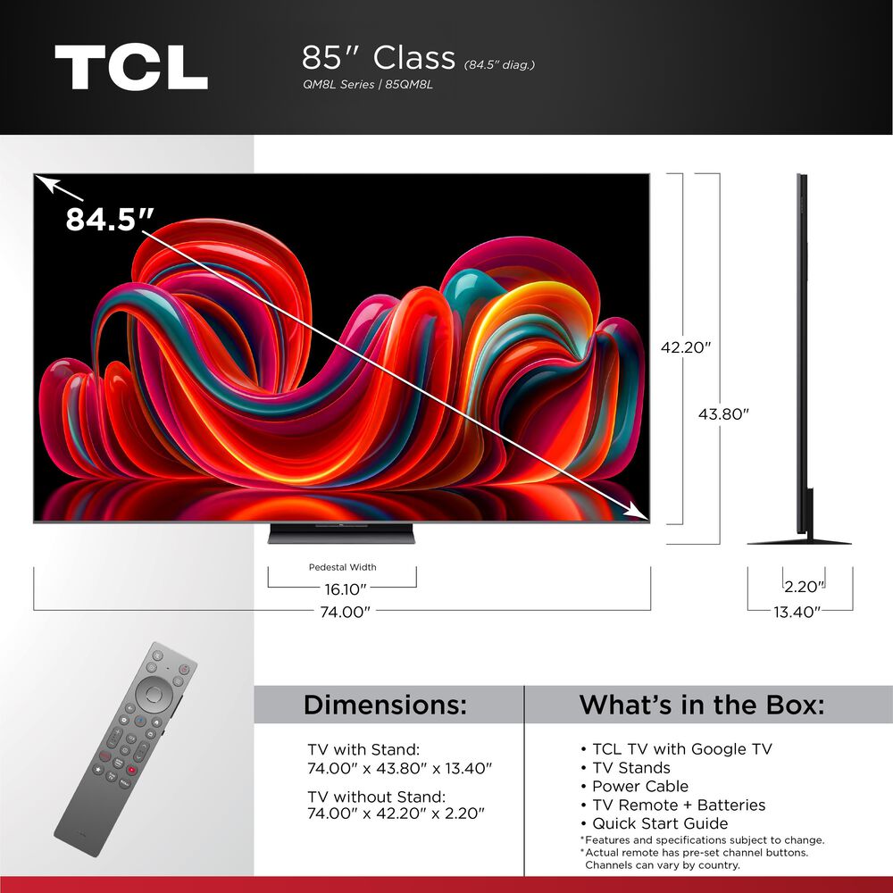 TCL 85" QM8L Series 4K UHD HDR SQD-Mini LED Smart TV with Google TV, , large