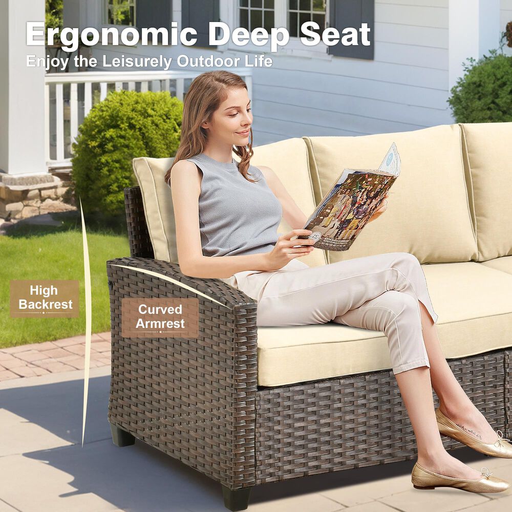 HOMLUX 5-Piece Patio Conversation Set with Brown Wicker in Beige, , large