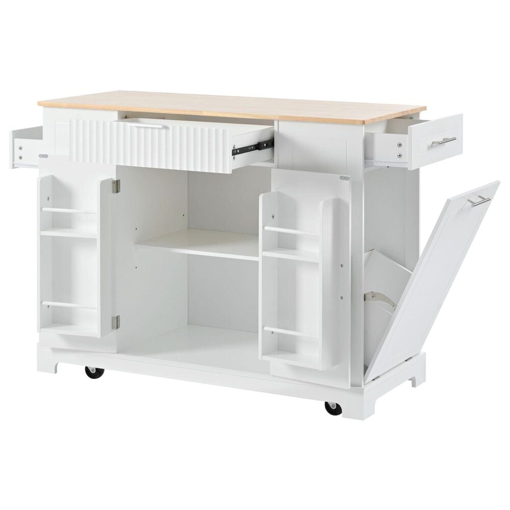 HOMLUX 47" Fluted Kitchen Island with Trash Can Storage Cabinet in White and Natural, , large