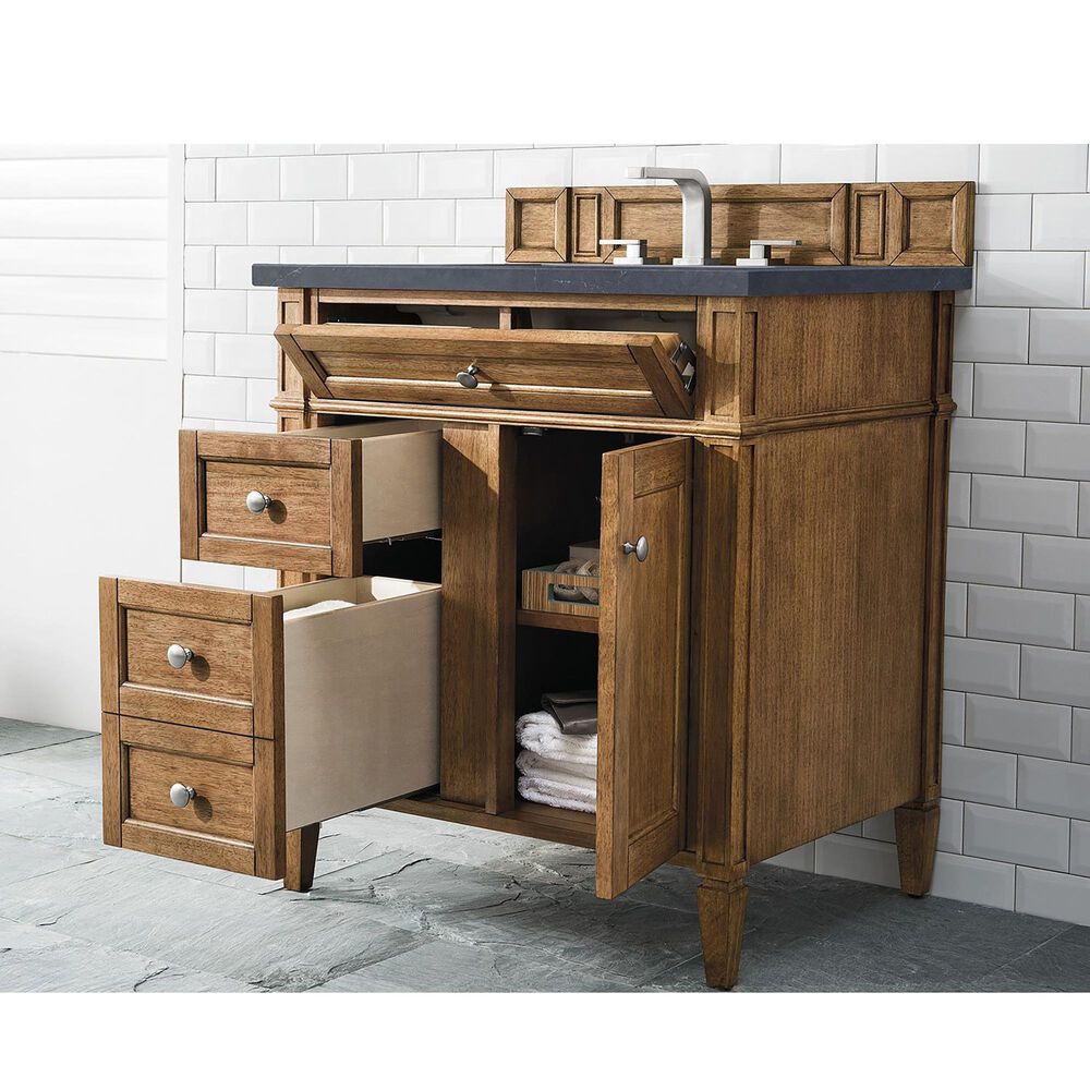 James Martin Vanities Brittany 30&quot; Single Bathroom Vanity in Saddle Brown with 3 cm Charcoal Soapstone Quartz Top and Rectangular Sink, , large