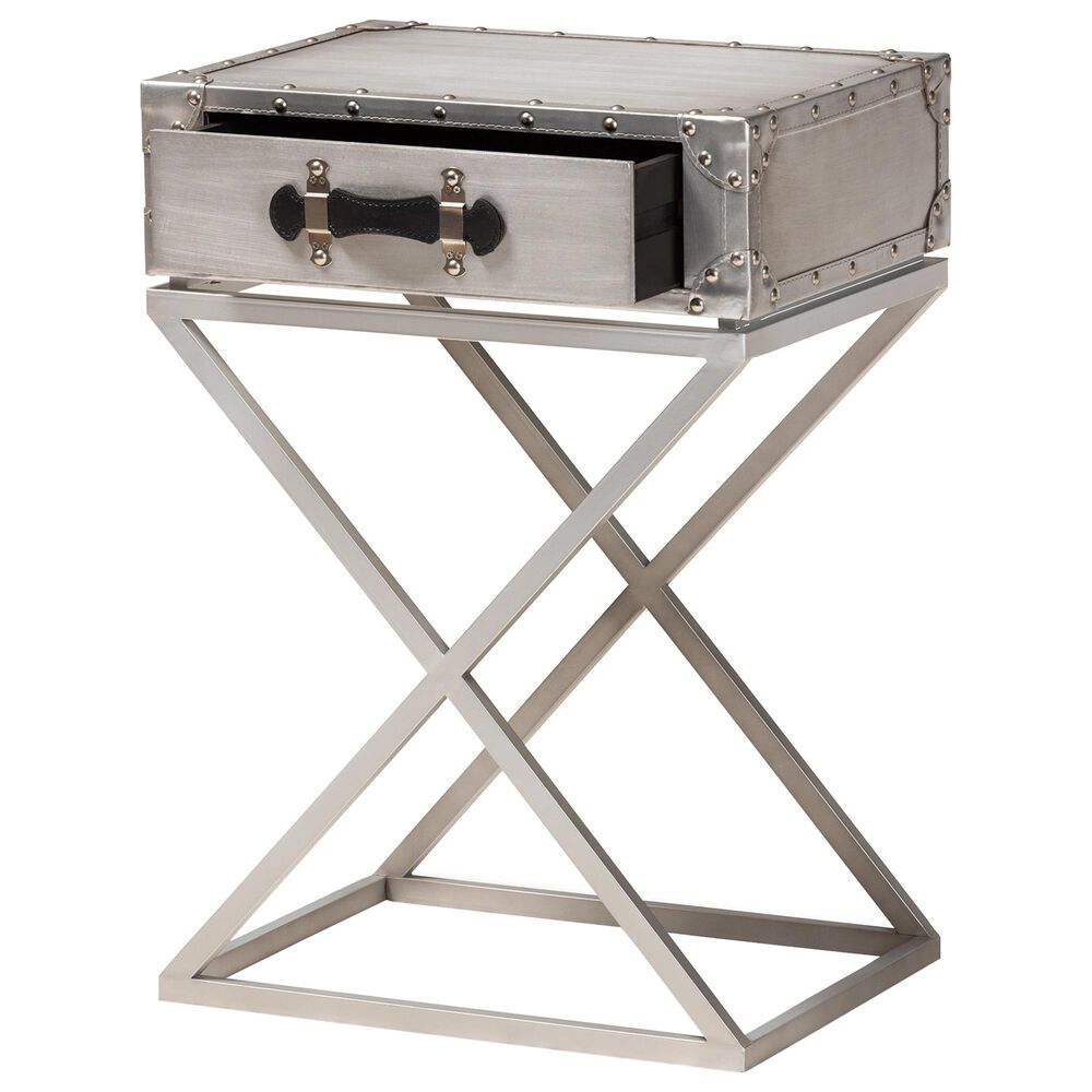 Baxton Studio William 1 Drawer Nightstand in Silver/Silver/Black, , large