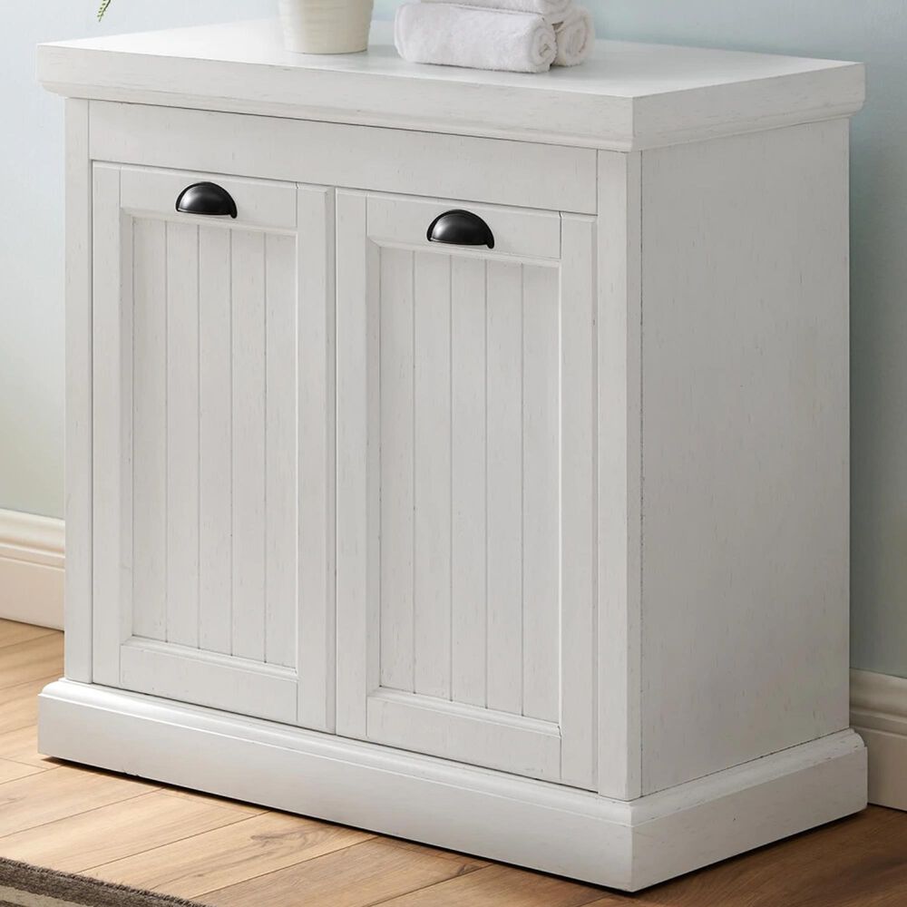 Crosley Furniture Seaside Lift-Top Linen Hamper in Distressed White, , large