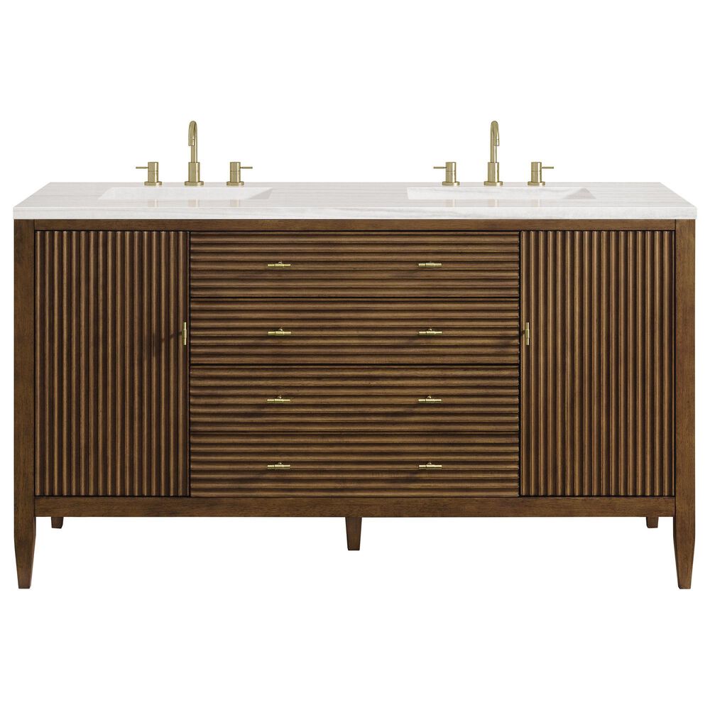 James Martin Vanities Myrrin 60&quot; Double Vanity in Mid Century Walnut with 3 cm Arctic Fall Solid Surface Top, , large