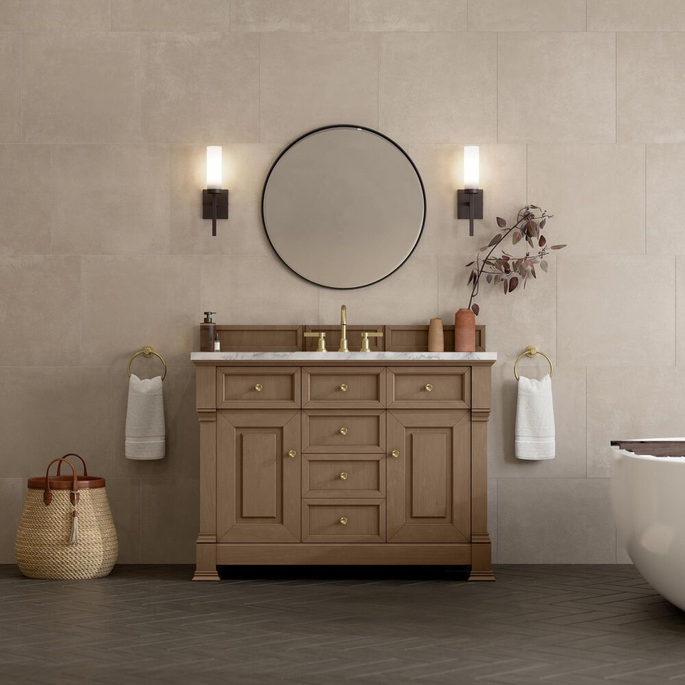 James Martin Vanities Brookfield 48&quot; Single Bathroom Vanity in Pecan with 3 cm Carrara White Marble Top and Rectangular Sink, , large