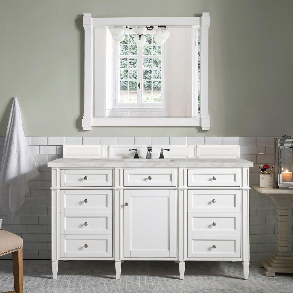 James Martin Vanities Brittany 60" Single Bathroom Vanity in Bright White with 3 cm Eternal Jasmine Pearl Silestone Top, Rectangular Sink and FreePower Wireless Charger, , large