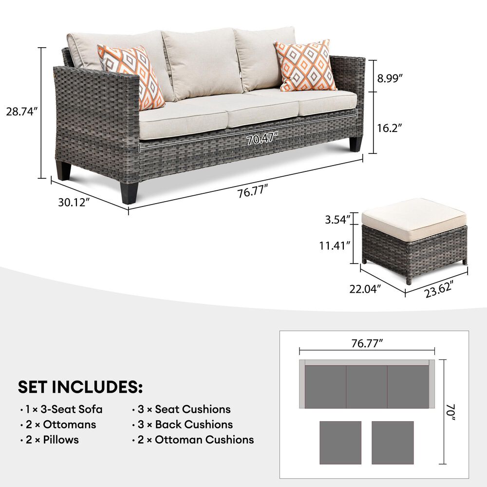 HOMLUX 3-Piece 77" Patio Sofa and Ottoman Set in Beige, , large