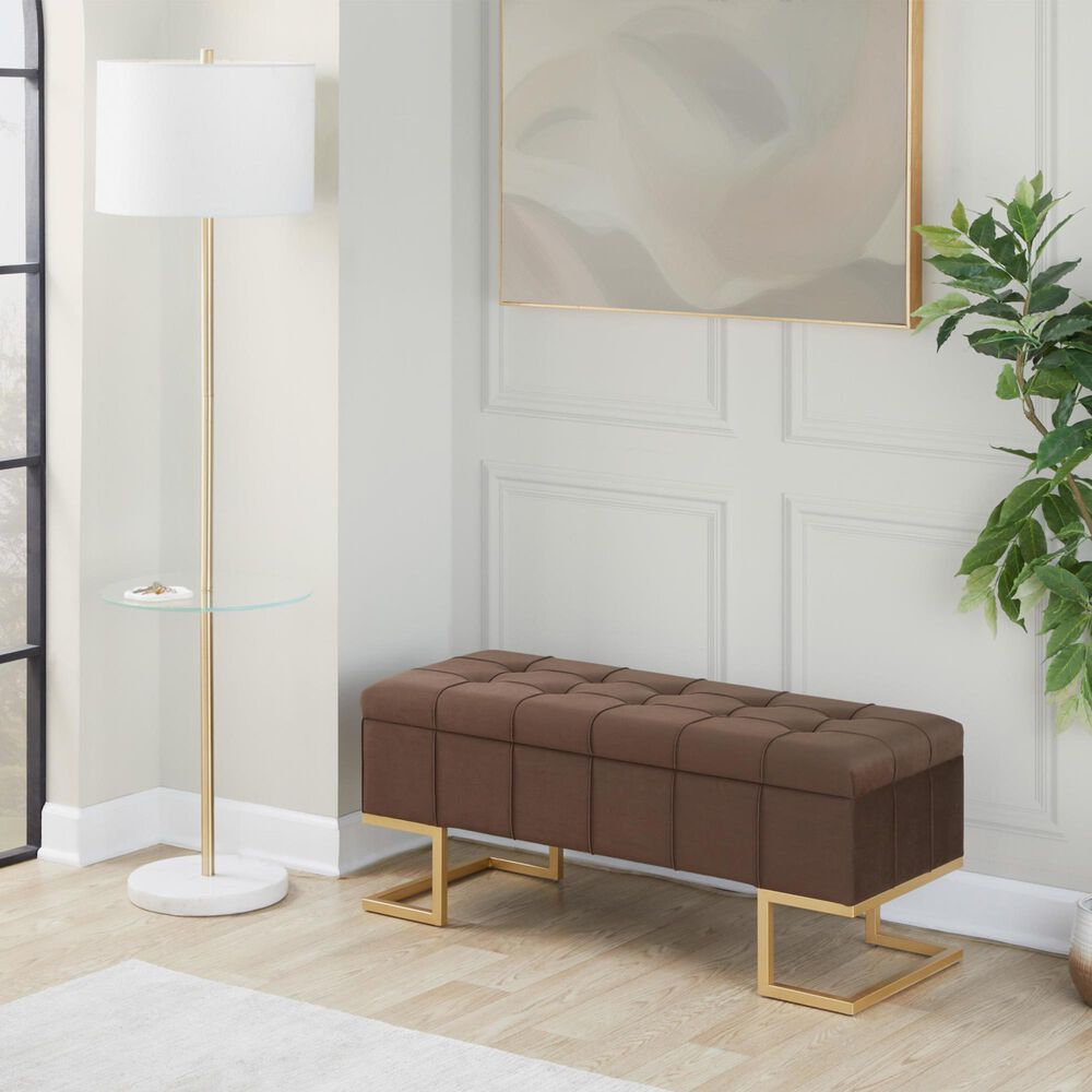 LumiSource Midas Storage Bench with Brown Velvet Cushion in Gold, , large