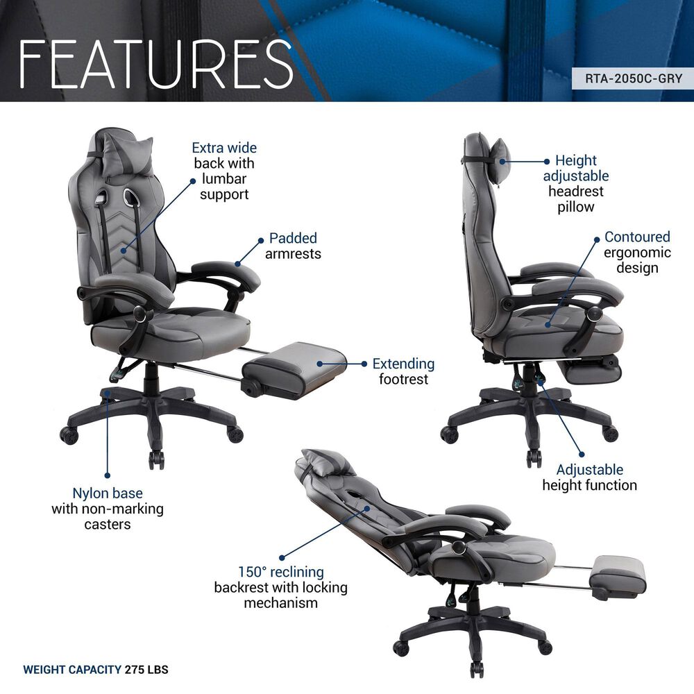 Rta Products Llc Fully Reclining Executive Office Chair with Footrest in Black and Grey, , large