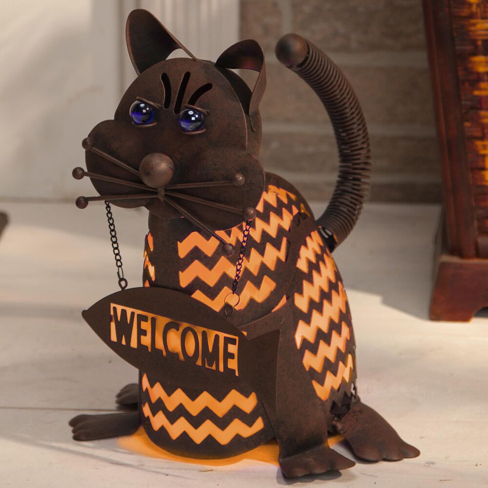 The Gerson Company 12.85&quot; Solar Lighted Garden Welcome Cat in Rustic Brown, , large
