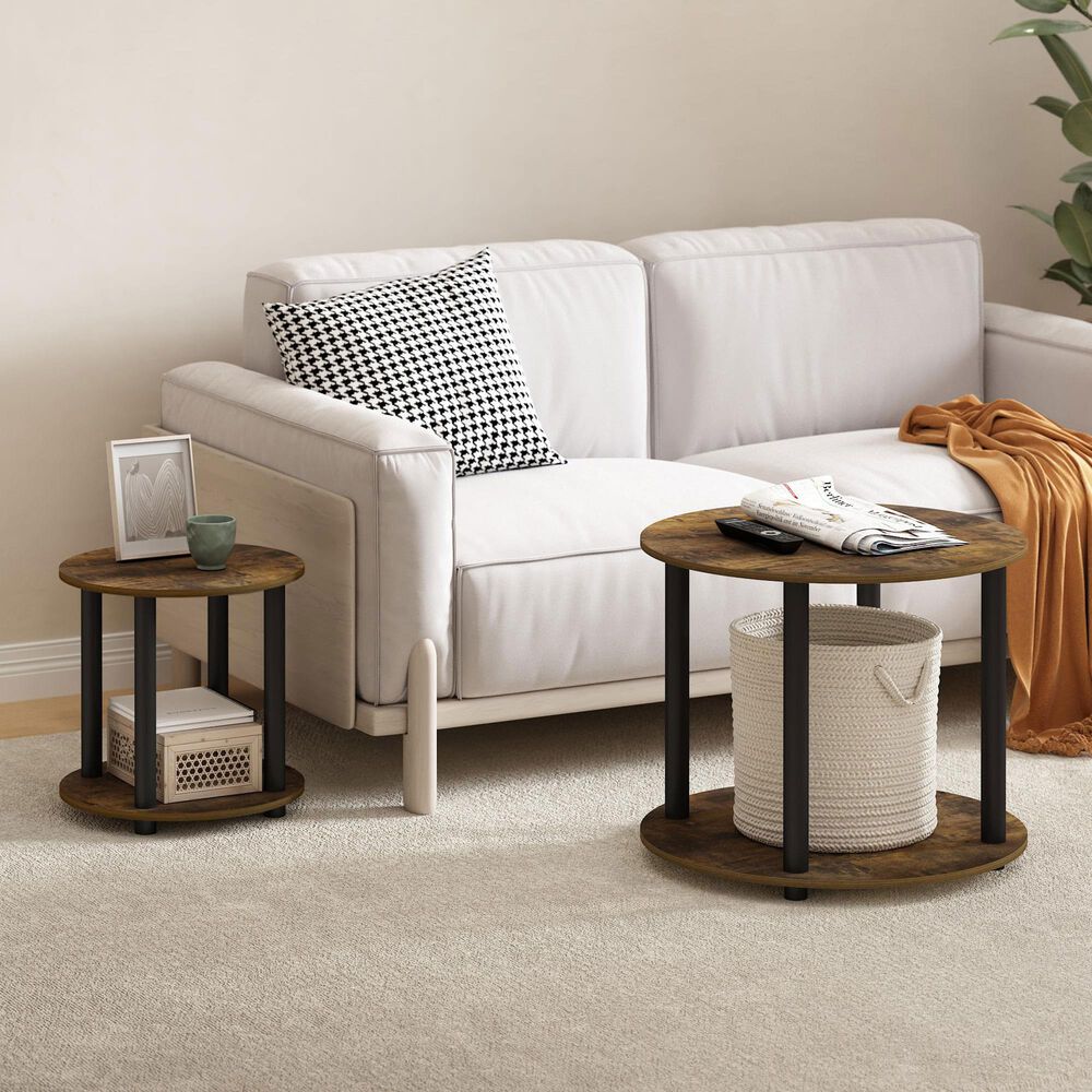 HOMLUX 2-Tier Round End Table in Amber Pine and Black, , large