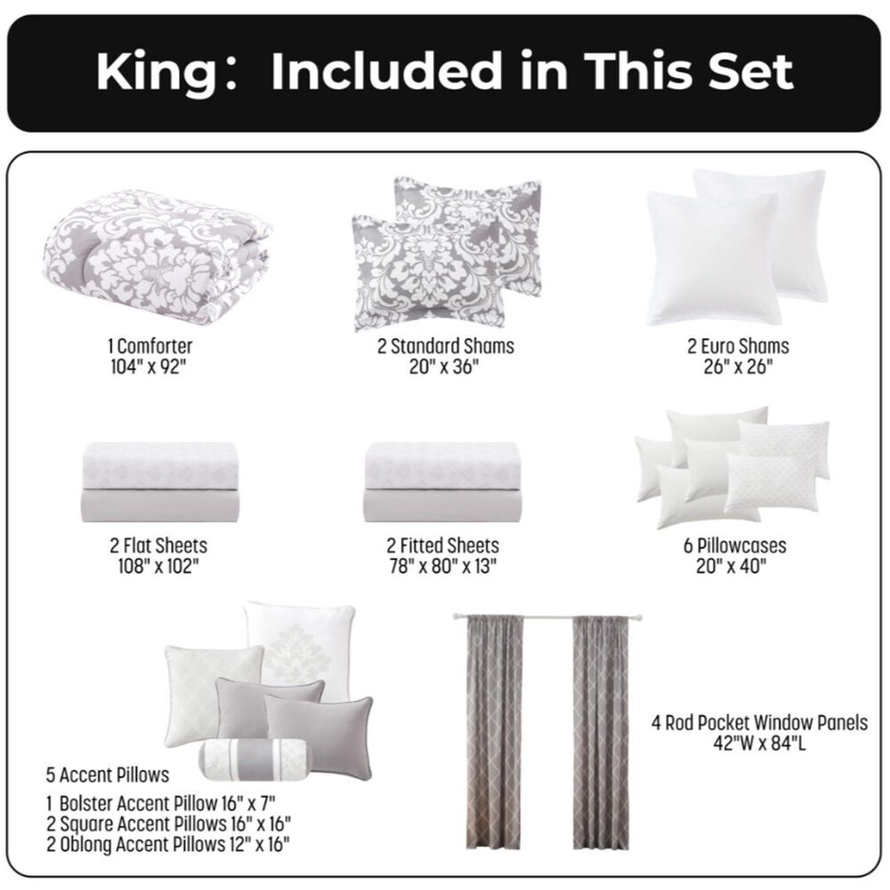 Jiangsu Royal Home Rosalia Damask 24-Piece King Bed-in-a-Bag Microfiber Comforter Set in Gray, , large