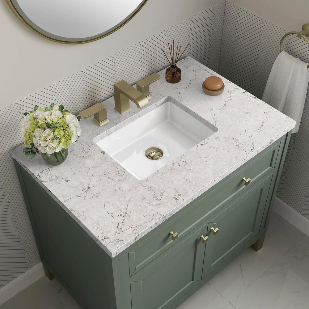 James Martin Vanities Chicago 36&quot; Single Bathroom Vanity in Smokey Celadon with 3 cm Eternal Jasmine Pearl Quartz Top and Rectangular Sink, , large