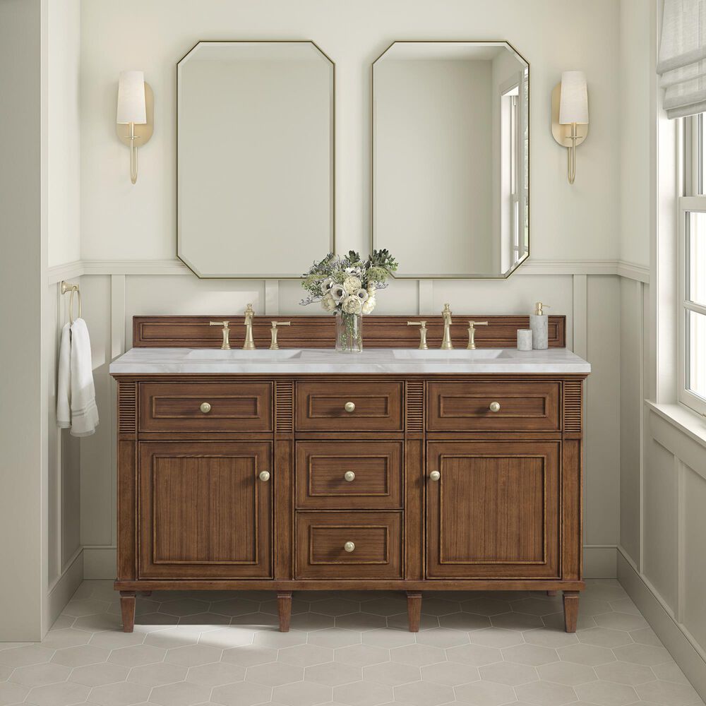 James Martin Vanities Lorelai 60&quot; Double Vanity in Mid-Century Walnut with 3 cm Victorian Silver Quartz Top, , large