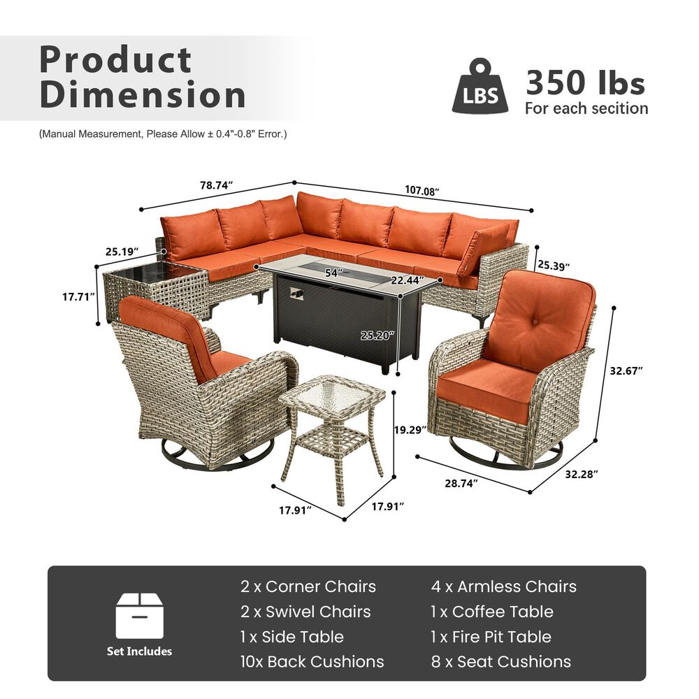 HOMLUX 11-Piece Outdoor Modular Sofa Conversation Set in Coarse-grained Orange, , large