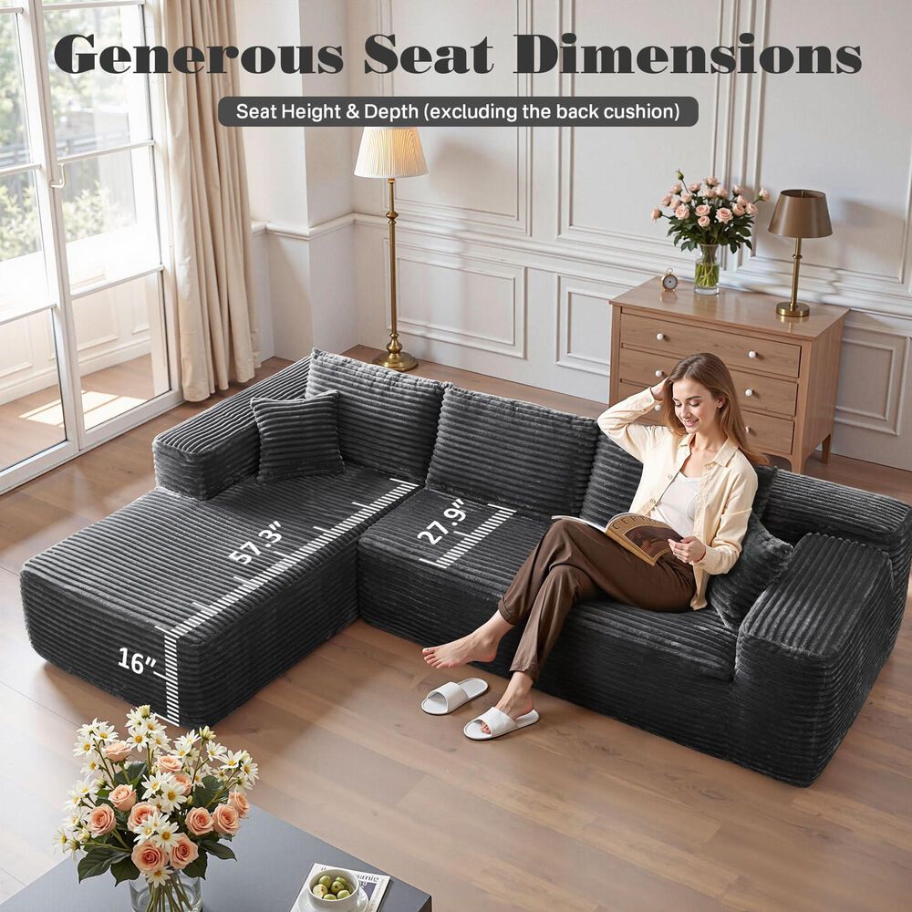 HOMLUX 104" Cloud Sectional Couch Upholstered Modular Sofa with Left L-Shape Chaise, Corduroy Fabric in Gray, , large