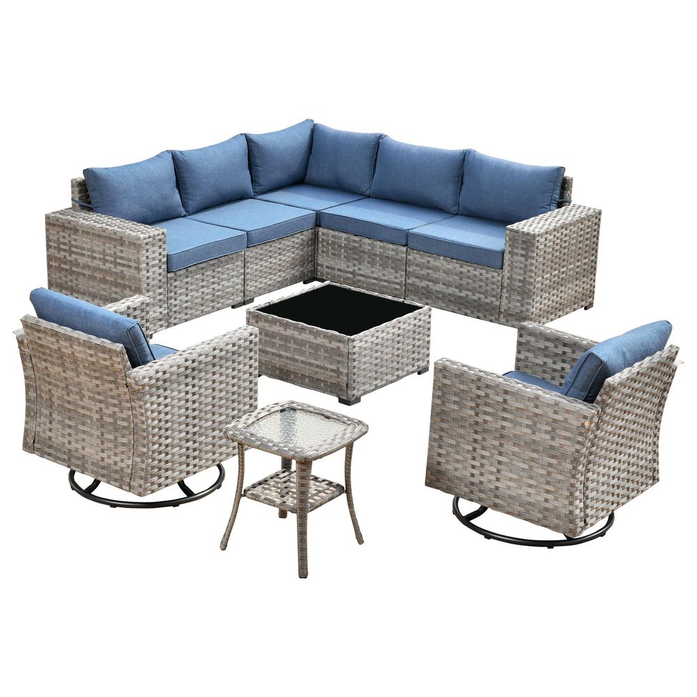 HOMLUX 9-Piece Wicker Sectional Patio Furniture Set in Denim Blue, , large