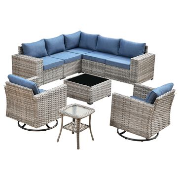 HOMLUX 9-Piece Wicker Sectional Patio Furniture Set in Denim Blue, , large
