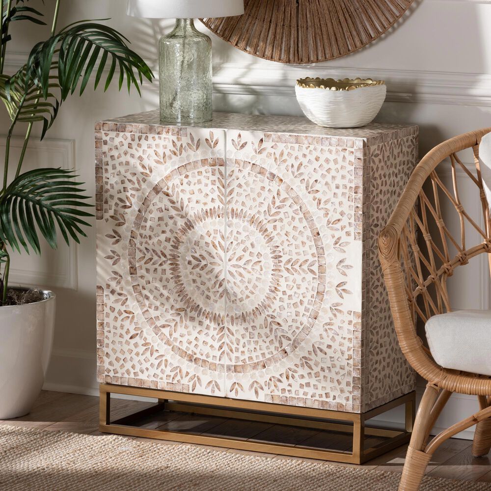 Baxton Studio Ercilia Storage Cabinet in White, Rustic Brown and Gold, , large