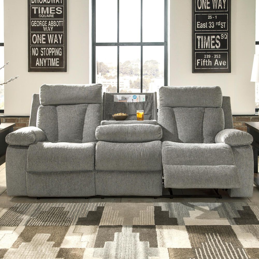 Ashley Mitchiner Manual Recliner Sofa with Drop Down Table in Fog, , large