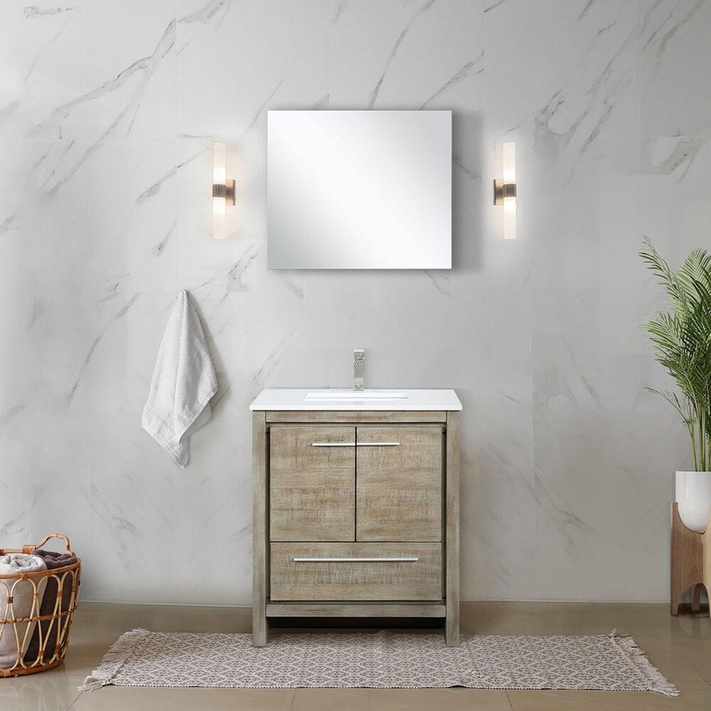 Lexora Home Lafarre 30&quot; Single Bathroom Vanity in Rustic Acacia with 2 cm White Cultured Marble Top and Rectangular Sink, , large